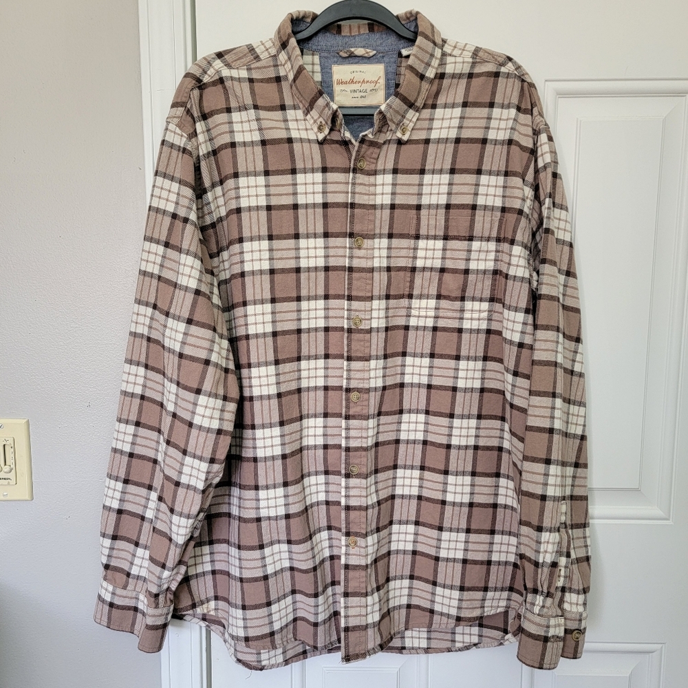 Weatherproof Vintage Brown Cream Plaid Flannel Mens Button Down Size XXL